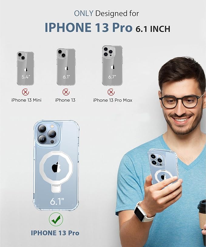 Compatible with iPhone 13 Pro Case, Built-in Screen Protector & Seamless Stand, with Camera Lens Protector, Strong Magnetic Clear Phone Case, Full Body Protective Cover for 6.1" (Clear)