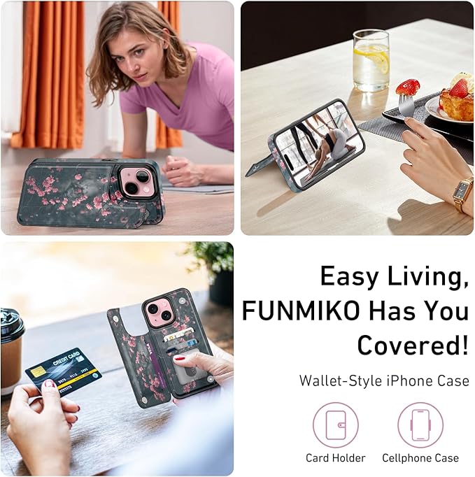FUNMIKO for iPhone 13 Wallet Case with Card Holder, RFID-Blocking, Military-Grade Protection & UV-Printed Artwork, Magnetic Closure with Leather Kickstand - Mystic Blooming Plum