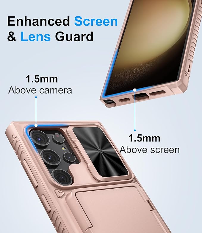 for Samsung Galaxy S23 Ultra Case with Card Holder (Store 4-5 Cards), Slide Lens Cover & Stand, Military Grade Drop Protection, Shockproof Wallet Phone Case for Galaxy S23 Ultra, Rose Gold