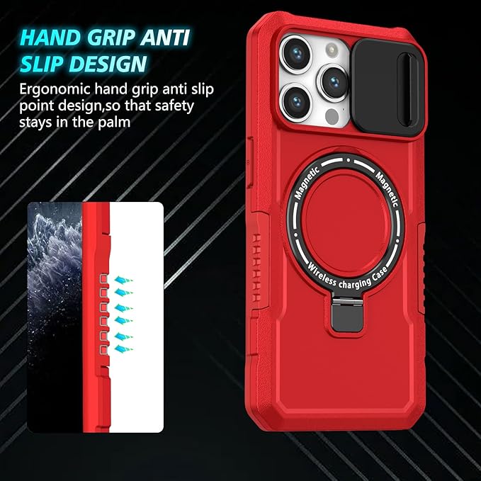 for iPhone 11 Pro Max Case Magnetic Compatible with MagSafe Wireless Charging,Built-in Kickstand,with Camera Cover,with 2 Screen Protectors,Anti-Scratch Shockproof Heavy Duty Protection Red