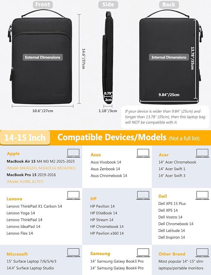 HYZUO 14-15 Inch Laptop Bag Sleeve for MacBook Air 15 M4 M3 M2, MacBook Pro 15, XPS 14/15 Plus, 15" Surface Laptop, Notebook Case for 14" Dell HP Lenovo ThinkPad Asus Acer Huawei, Black