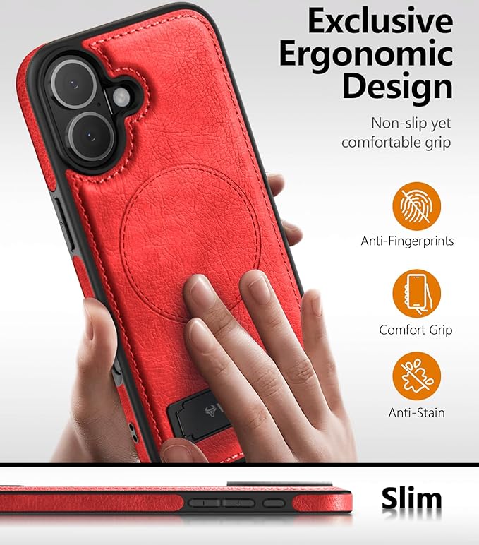 Magnetic for iPhone 17 Leather Case,Built-in Invisible Stand [Compatible with Magsafe] Protective Slim Kickstand Phone Cover for iPhone 17 Case, Red