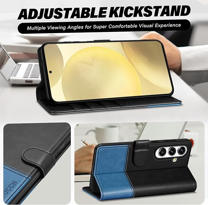 TUCCH Wallet Case for Galaxy S25, Magnetic PU Leather Stand [RFID Blocking] Credit Card Holder Flip Cover with [TPU Shockproof Interior Case] Compatible with Galaxy S25 6.2" 2025, Black & Light Blue