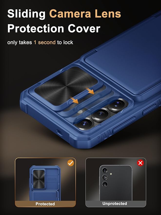 Vihibii for Samsung Galaxy S25 Case with Card Holder (4 Cards), [RFID Blocking] & Slide Camera Cover & Raised Edges Protect Screen, Shockproof Rugged Phone Case for Samsung Galaxy S25 6.2", Blue