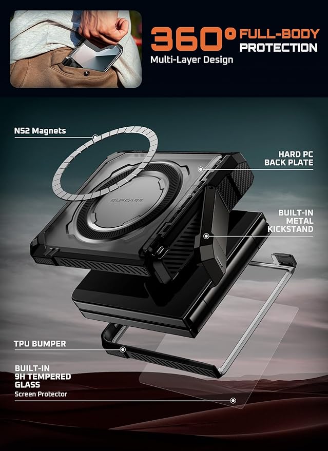 SUPCASE for Samsung Galaxy Z Flip 7 Case with Stand & Front Screen Protector (Unicorn Beetle Grip), [Support MagSafe] [Hinge Protection] Full Body Military-Grade Translucent Back Phone Cover, Black