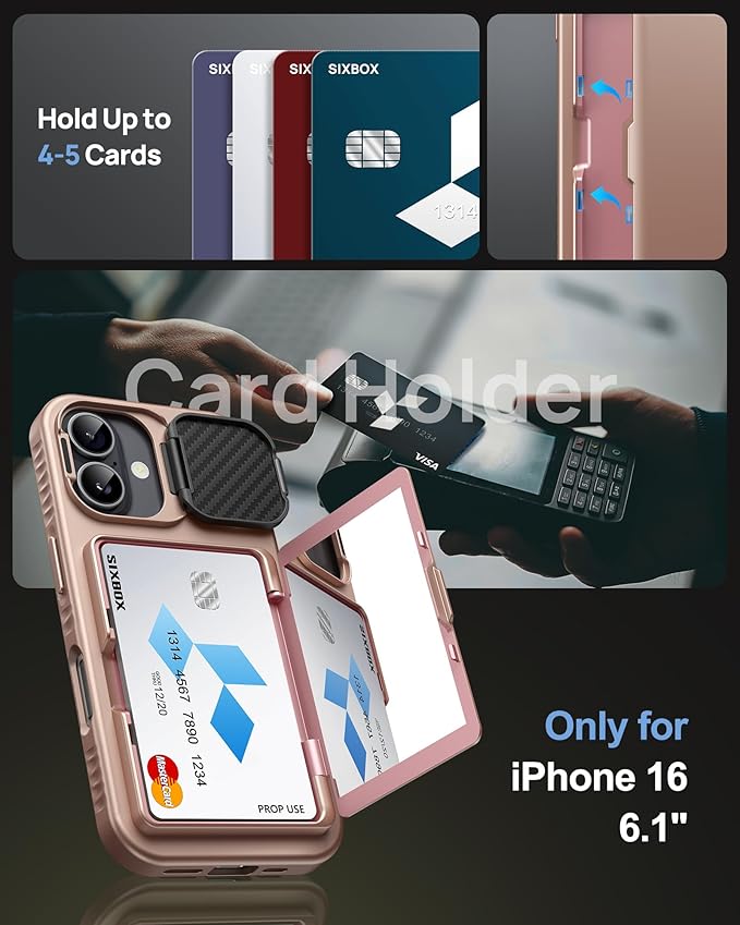 for iPhone 16 Case with Card Holder & Camera Lens Cover & Stand, Military Grade Drop Protection Shockproof Rugged Kickstand Wallet Protective Phone Case Cover for iPhone 16 6.1" 2024, Rose Gold