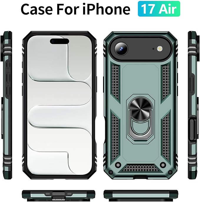 ADDIT Compatible with iPhone 17 Air Case with Tempered Glass Screen Protector, Adjustable Kickstand Ring, Military-Grade Heavy Duty Protection, Shockproof, Anti-Fingerprint,Teal
