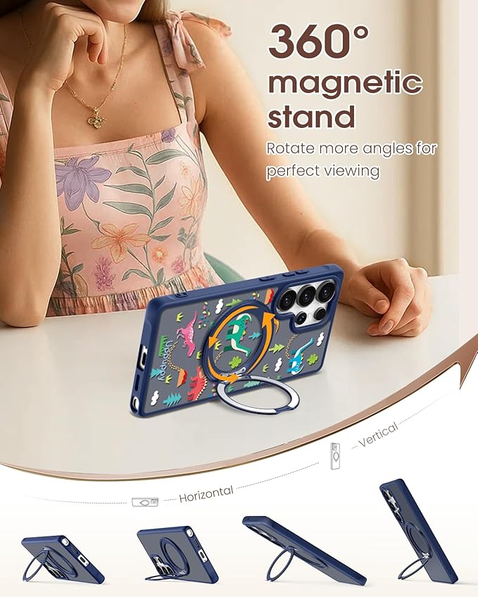 for Samsung Galaxy S25 Ultra Case with 360° Rotatable Magnetic Ring - Compatible with MagSafe, Semi-Transparent Soft-Touch Material Shockproof, Cute Dinosaur Design for Women Girl