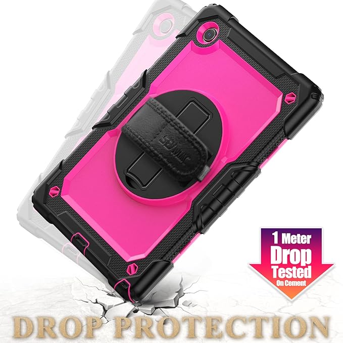 SEYMAC stock Case for Samsung Galaxy Tab A9 8.7'', Full-Body Drop Protection Case with Screen Protector Pencil Holder [360° Rotating Hand Strap] &Stand, Pink+Black