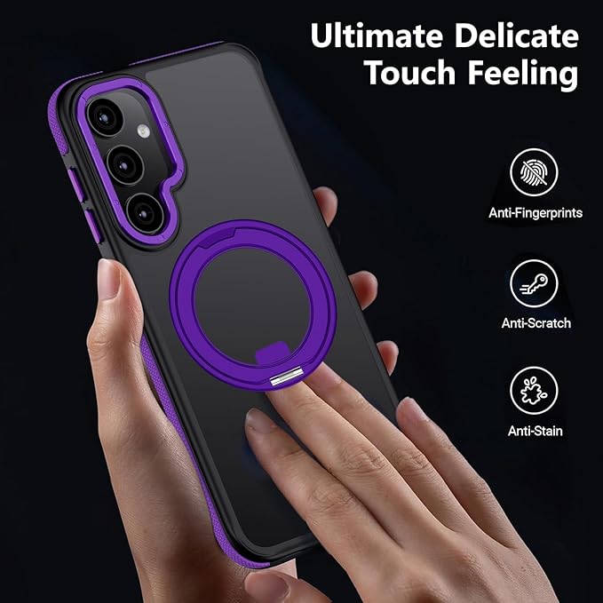 360°Spin Magnetic Stand for Samsung Galaxy S25 Case, [Compatible with Magsafe] Military Grade Drop Protection, Matte Hard Slim S25 Phone Case with Kickstand & Ring Holder (Purple)