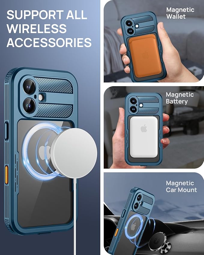 Lanhiem Magnetic for iPhone 16 Case, IP68 Waterproof Dustproof Case, [Compatible with Magsafe] [Built-in Screen Protector] Full Body Heavy Duty Rugged Phone Cover 6.1 inch, Blue/Clear