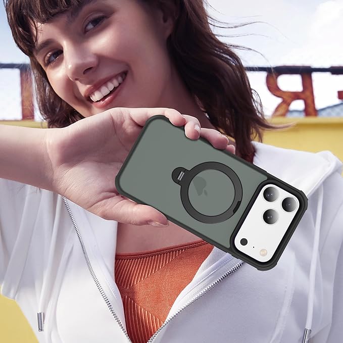 Compatible with iPhone 17 Pro Case with Invisible Magnetic 360°Spin Stand,Military-Grade Shockproof Protection [Compatible with Mag-Safe] Non-Slip Edge Translucent Case (6.3",Black)