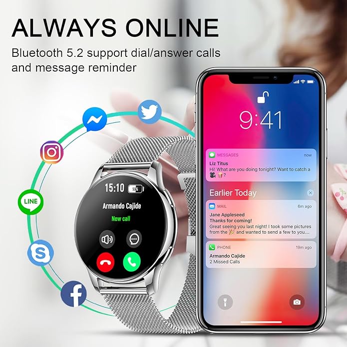 Smartwatch for Women, Waterproof Bluetooth Call Watch for Android iOS Phones, 1.32" AMOLED Round Touch Screen Fitness Tracker with 100+ Sports Modes/Health Monitor/Password Lock/Message Reminder