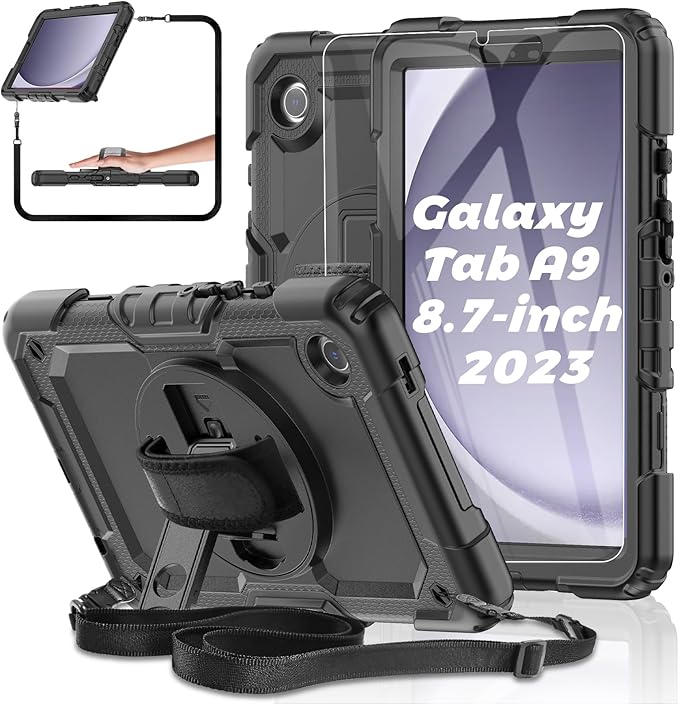 Case for Samsung Galaxy Tab A9 Tablet Case 8.7 inch 2023 [with Tempered Glass Screen Protector], Rotatable Kickstand, S Pen Holder, Hand/Shoulder Strap (Black)