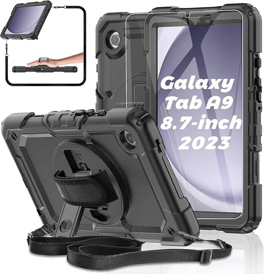 Case for Samsung Galaxy Tab A9 Tablet Case 8.7 inch 2023 [with Tempered Glass Screen Protector], Rotatable Kickstand, S Pen Holder, Hand/Shoulder Strap (Black)