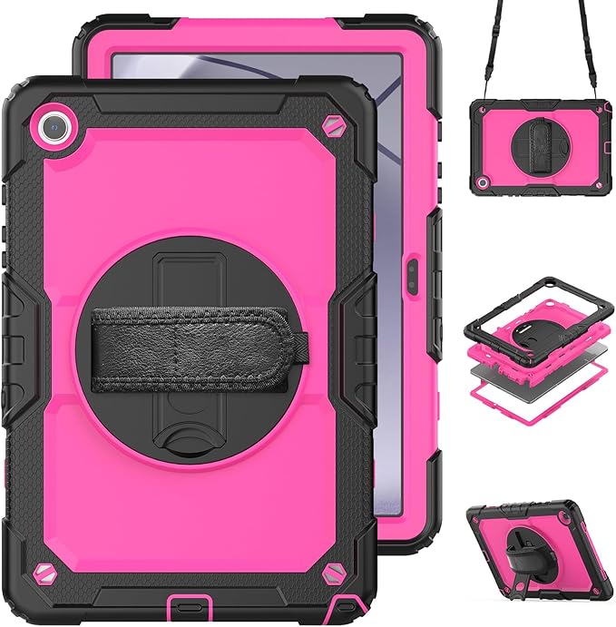 Case for Samsung Galaxy Tab A9+/ A9 Plus Case 11" 2023, Heavy Duty Shockproof Protective Case with Screen Protector, Hand Strap, Shoulder Strap, 360° Rotating Stand Pink+Black