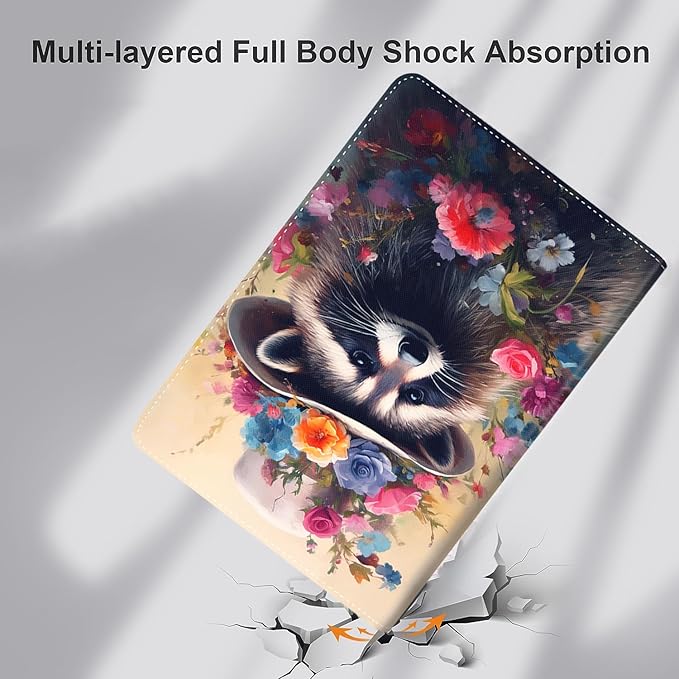 Case for Samsung Galaxy Tab A9 Plus 11 inch 2023，Slim Fit Foldable Standing Cover Case with Auto Sleep/Wake for Galaxy Tab A9+ 11’2023 (SM-X210/X216/X218)，Raccoon Flower Crown Animals