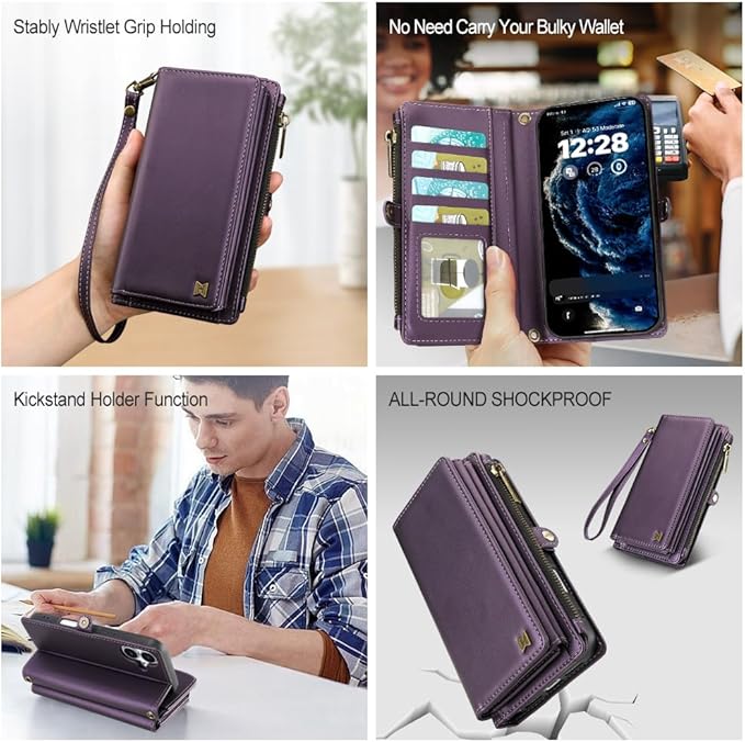 for iPhone 17 Wallet Phone Case with 7 Card Holder,RFID Blocking | PU Leather | Kickstand | Flip | Wrist Strap&Shoulder Strap | Shockproof | Zipper Wallet | Women Men | 6.3" | Purple