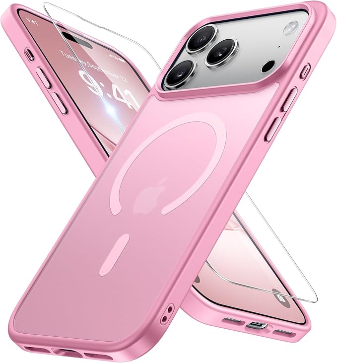 Miracase Magnetic for 17 Pro Case 6.3" with Screen Protector, [Compatible with MagSafe] Military-Grade Protection, Anti-Fingerprint, Slim Thin Phone Case for 17 Pro Cover, Mes Pink