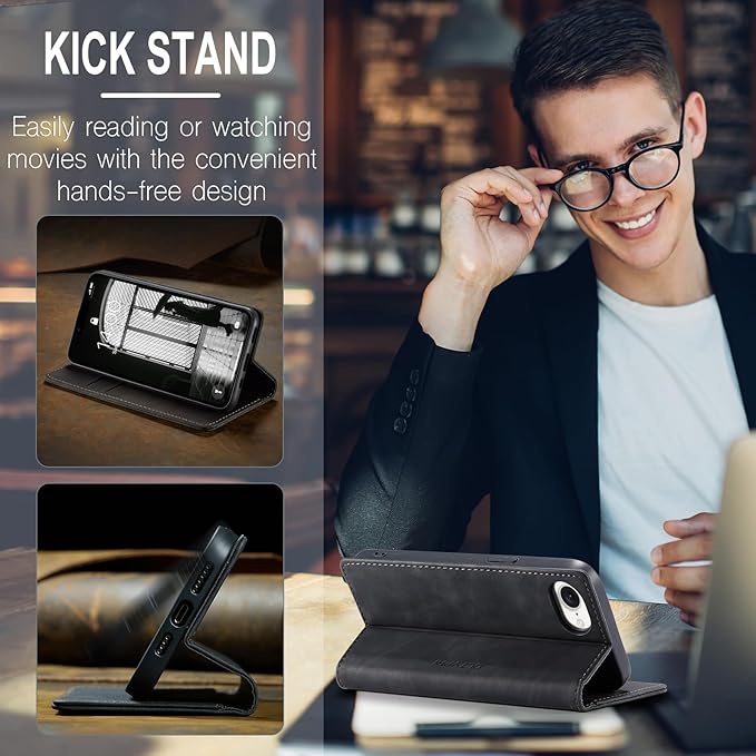 QLTYPRI Case for iPhone 16e, Vintage PU Leather Wallet Case Card Slot Kickstand Magnetic Closure Shockproof Flip Folio Cover for iPhone 16e - Black