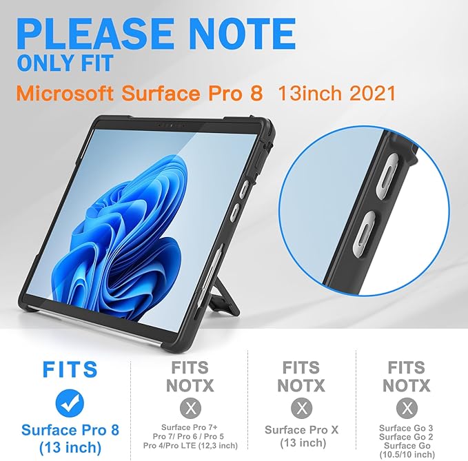 BRAECNstock for Microsoft Surface Pro 8 Case 13 inch 2021 Shockproof Rugged Case for Surface Pro 8 with Rotating Hand Strap & Kickstand Built in Pen Holder Compatible with Type Cover Keyboard - Black