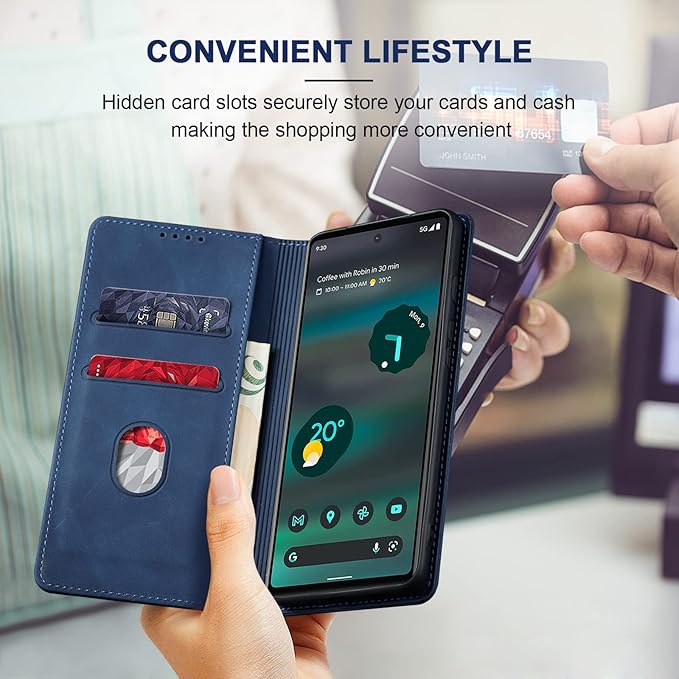 Jasonyu Flip Wallet Case for Google Pixel 6A 5G,Leather Magnetic Folio Cover with Card Holder,Kickstand - TPU Shockproof Durable Protective Phone Case,Blue