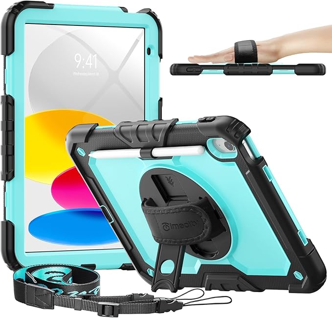 timecity for iPad (A16) 11th/ 10th Generation Case 11''/ 10.9 Inch (2025/2022) - Heavy Duty Protective Cover with Screen Protector, Stand, Shoulder Strap & Pencil Holder | Kids-Friendly - Light Blue