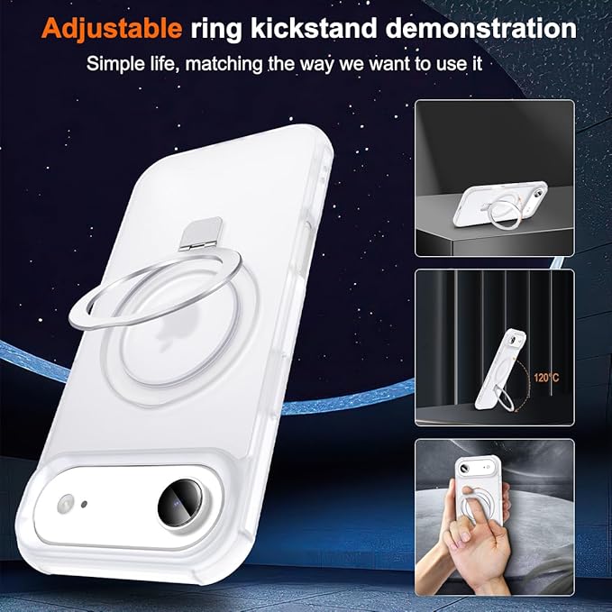 Magnetic Compatible with iPhone Air Case with Stand [Military Grade Drop Tested][Compatible with Magnet] Ring Translucent Slim Hard Back Soft Edge 17 Air Phone Case, Frost White