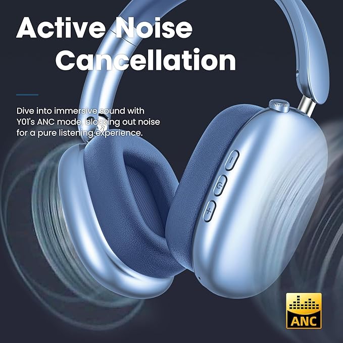 Y01 Wireless Over Ear Headphones, Noise Canceling Bluetooth 5.3 Headphones with Microphones,Hi-Res Audio,48H Playtime,Foldable,Breathable Soft Earpads for iOS/Android/Samsung/PC-Blue