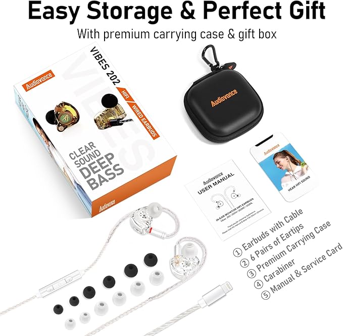 Vibes 202ML Wired Earbuds - HiFi in Ear Headphones - Noise-Isolating Ear Buds w/ Mic - Clear Sound, Deep Bass, Comfort-Fit Earphones - MMCX–Lightning for iPhone 5–14, Silver Plated Cord, Carrying Case