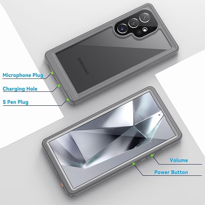 Lanhiem for Samsung Galaxy S24 Ultra Case, IP68 Waterproof Dustproof, Built-in Screen Protector, Rugged Full Body Shockproof Protective Cover for Galaxy S24 Ultra 5G 6.8 Inch, Titanium Gray/Clear