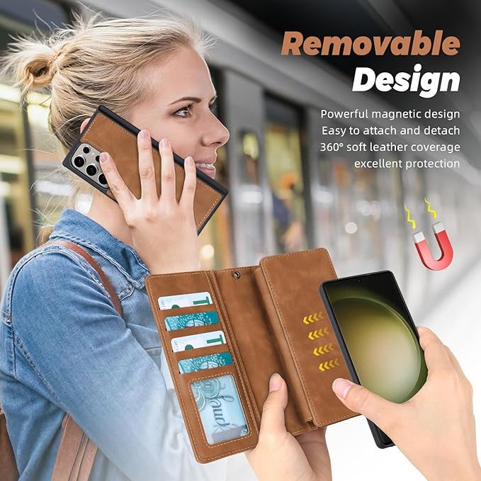 TwoHead for Samsung Galaxy S23 Ultra Wallet Case with Card Holder & Detachable Magnetic Phone Case for Galaxy S23 Ultra,PU Leather Shockproof Protective Phone Cover Wallet(6.8 in,Brown)