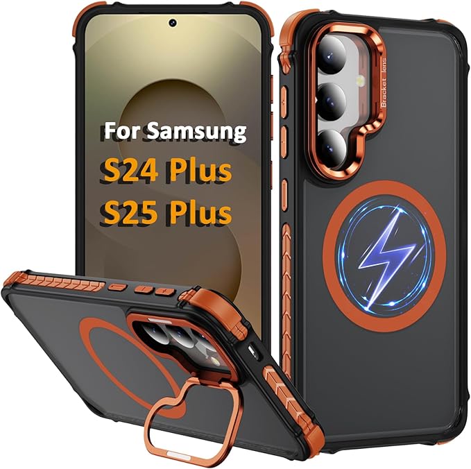 Magnetic for Samsung Galaxy S25 Plus Case/S24 Plus Case Orange Fit for MagSafe Military-Grade Shockproof Protection Adjustable Kickstand Slim Matte Anti-Fingerprint Cover Men Women