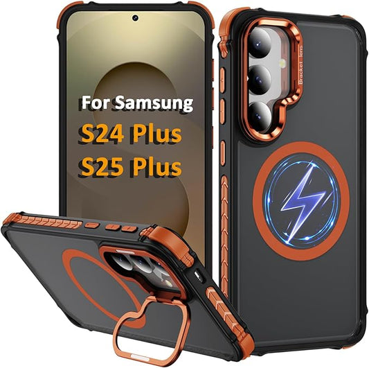 Magnetic for Samsung Galaxy S25 Plus Case/S24 Plus Case Orange Fit for MagSafe Military-Grade Shockproof Protection Adjustable Kickstand Slim Matte Anti-Fingerprint Cover Men Women