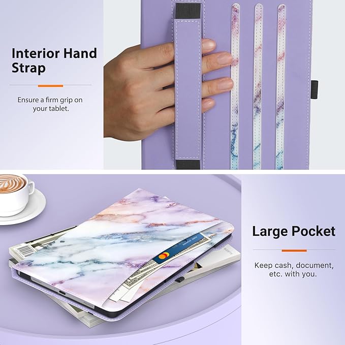 MoKo Case for Samsung Galaxy Tab A9 Plus 11" 2023 (SM-X210/SM-X216/SM-X218), PU Leather Multi-Angle Viewing Folding Stand Cover Case with Hand Strap, Front Pocket, Auto Wake/Sleep, Purple Marble