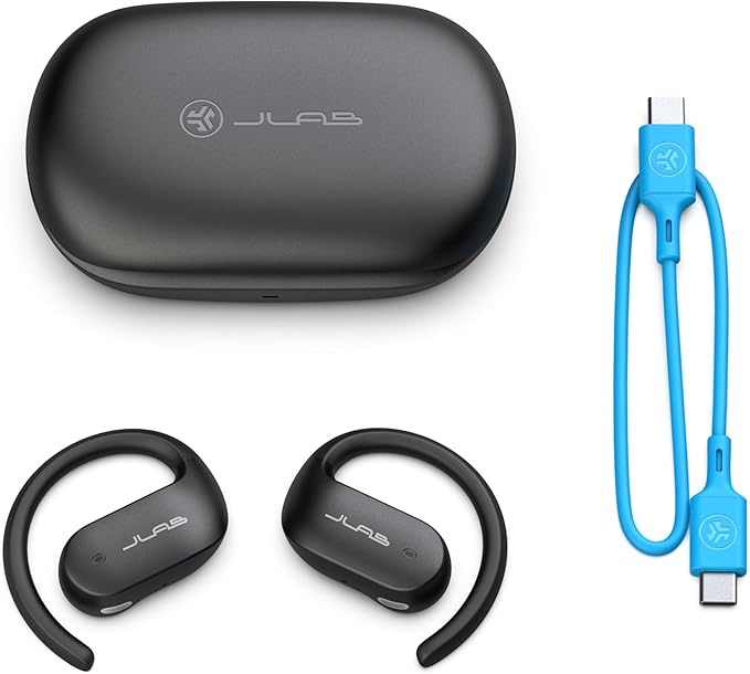 JLab JBuds Open Sport Earbuds, Black, Ear Hook Design for Workout Fitness, Wireless Open-Ear Audio Freedom, Safe Listening, Bluetooth Multipoint, Customize with The App
