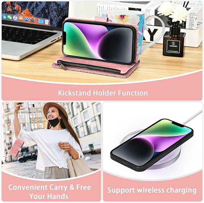 Asuwish Phone Case for iPhone 14 6.1 inch Zipper Wallet Detachable Cell Cover with Tempered Glass Screen Protector Crossbody Strap Flower Card Holder iPhone14 5G i i-Phone i14 14Case Women Rose Gold