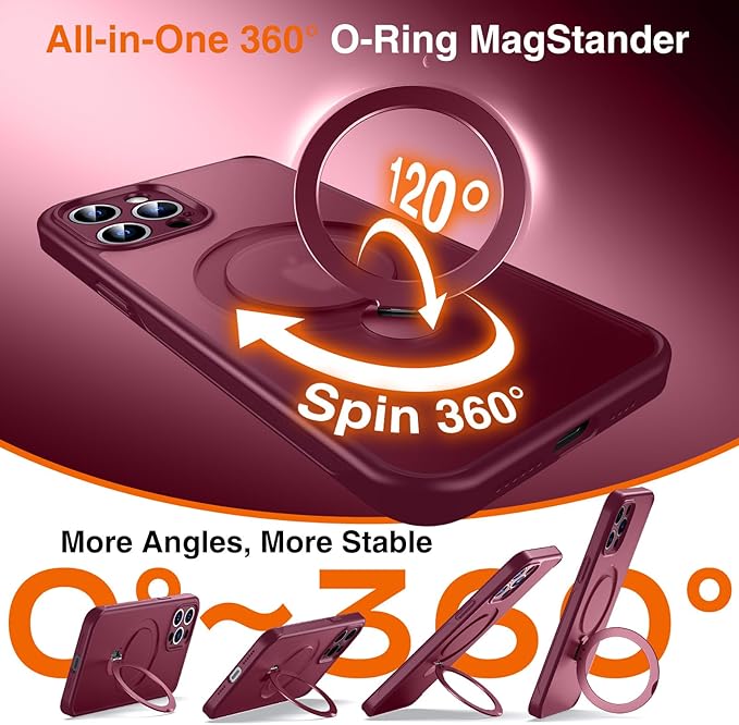 360° O-Ring MagStander for iPhone 12 Pro Max Case with Magnetic Kickstand Ring Holder [Compatible with MagSafe][360°Rotate Stand][Military Shockproof] iPhone 12 Pro Max Phone Cover Burgundy