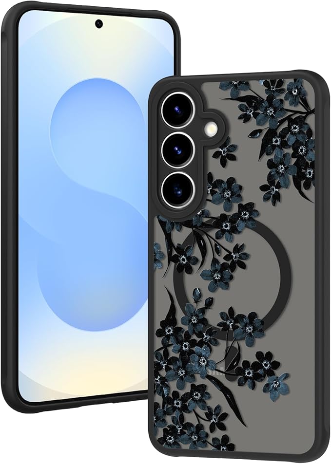 Fiyart Designed for Samsung Galaxy S25 Plus Case Matte Flowers Design Compatible with MagSafe Wireless Charging,Cute Floral Anti-Scratch Translucent Phone Cover for Women Girls 6.7"-Black