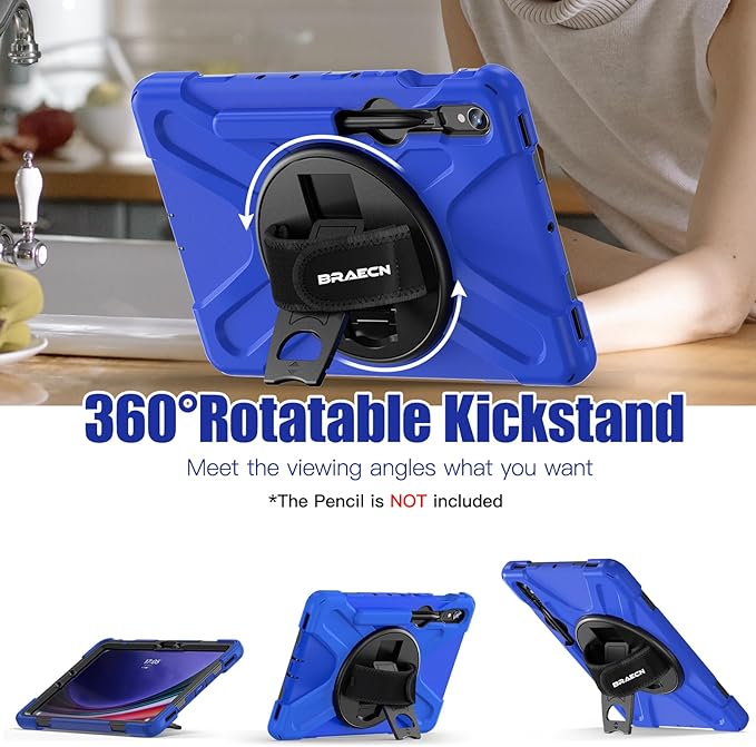 BRAECNstock for Samsung Galaxy Tab S10 Lite/ S10 FE/ S9 FE/ S9/ S8/ S7 5G Case 10.9"/ 11", Shockproof Protective Kids Case with Pencil Holder, Rotating Hand Strap & Stand, Shoulder Strap, Blue