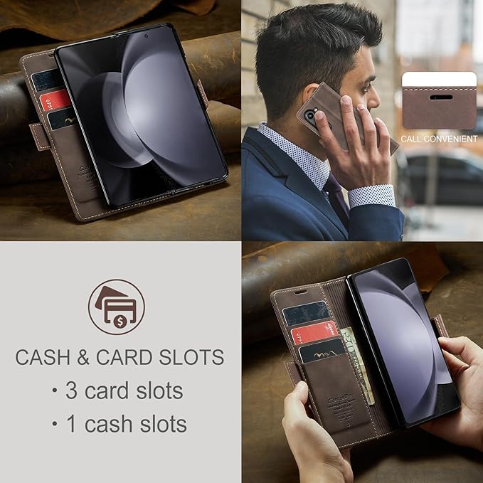 for Samsung Galaxy Z Fold5 Case, Flip Wallet Leather Case with Card Holder Magnetic Closure Shockproof Kickstand Protective Phone Cases Cover for Samsung Galaxy Z Fold5,Coffee