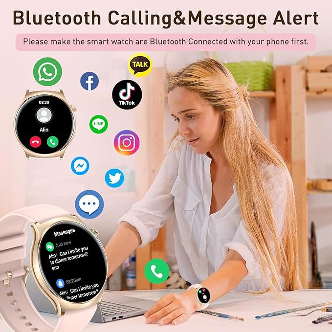 Smart Watch for Women Men(Answer/Make Calls) 1.43" HD Fitness Tracker Watchs with IP68 Waterproof/100+ Sports Modes/Heart Rate Sleep Monitor/Counter for Android/iPhone, Pink