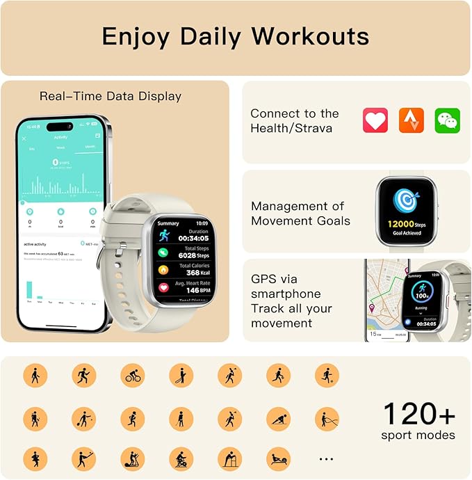 Smart Watches for Men Women Answer/Make Call, 1.85" Fitness Watch with 120+ Sports Modes, Heart Rate/SpO2/Sleep Tracker, Pedometer, IP68 Activity Tracker and SmartWatch for Android iOS (Silver, 1.85“)