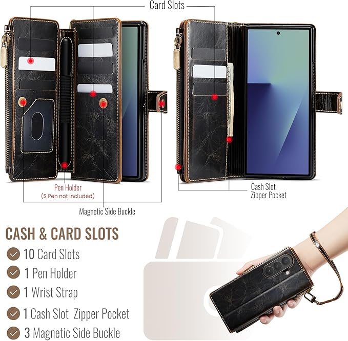 Vinich for Samsung Galaxy Z Fold 7 Wallet Case with Card Holder, Detachable Strap RFID Blocking Credit Slots Kickstand Shockproof Phone Cover for Women Men, Luxury Coffee