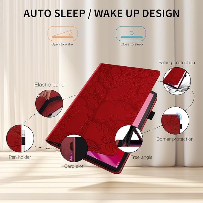 Portfolio Cover for Lenovo Tab M11 / K11, Unique Tree Design with Card Slots, Slim and Lightweight with Magnetic Auto Sleep, Precise Cutouts Case Compatible with Lenovo Tablet M11 TB-330FU Wine Red