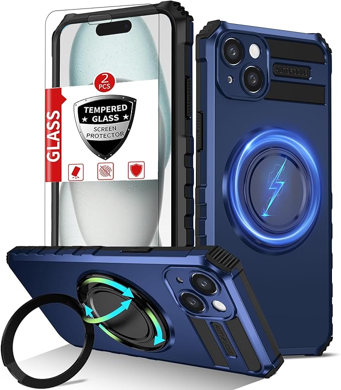 Magnetic for iPhone 15 Case Compatible with MagSafe Wireless Charging,15 Phone Case with 2 Screen Protectors,Built-in Kickstand Ring Military Grade Drop Shockproof Heavy Duty Protection Blue