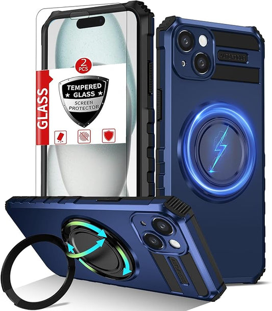Magnetic for iPhone 15 Case Compatible with MagSafe Wireless Charging,15 Phone Case with 2 Screen Protectors,Built-in Kickstand Ring Military Grade Drop Shockproof Heavy Duty Protection Blue
