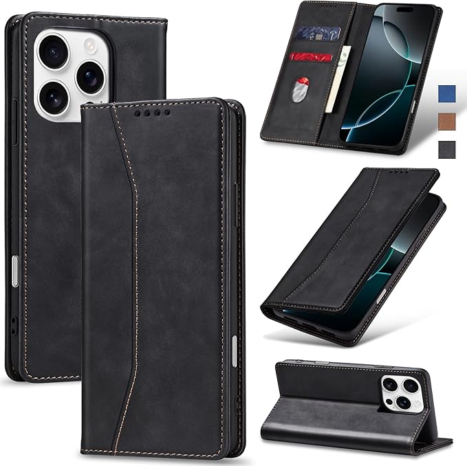 Jasonyu Flip Wallet Case for iPhone 16 Pro,Leather Magnetic Folio Cover with Card Holder,Kickstand - TPU Shockproof Durable Protective Phone Case,Black