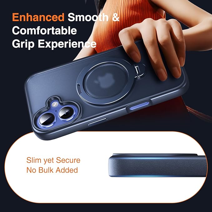 360° O-Ring MagStander for iPhone 16 Case with Magnetic Kickstand Ring Holder [Compatible with MagSafe][360°Rotate Stand Ring][Military Shockproof] Magnet iPhone 16 Phone Cover Matte Blue