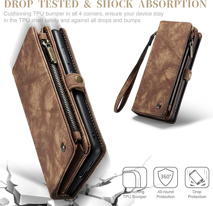 SZHAIYU 2 in 1 Detachable for Samsung Galaxy S23 Wallet Case with Card Holder, Retro Premium Flip Leather Cover Magnetic Zipper Pocket Phone Cases 6.1'' (Coffee,S23)